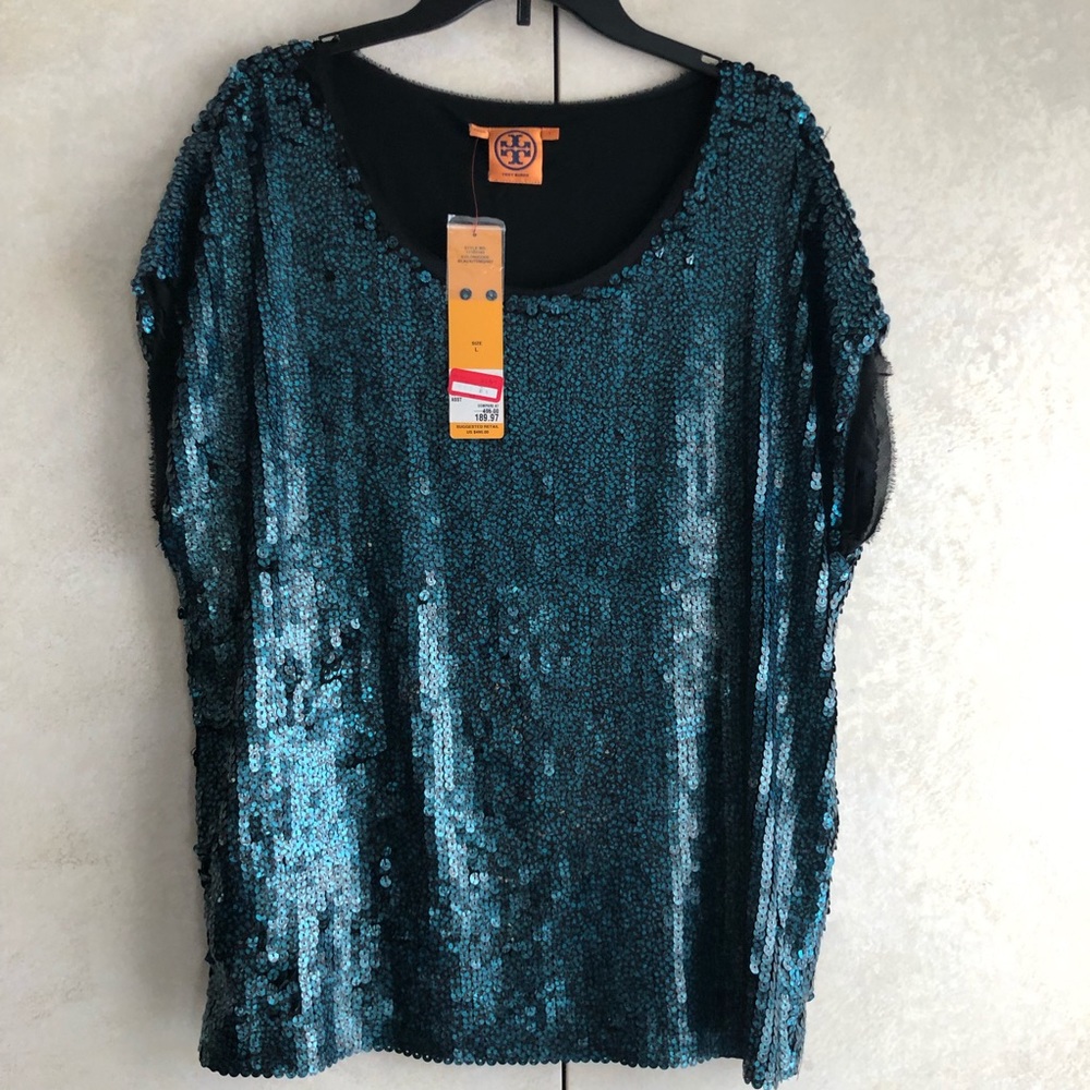 Tory Burch sequined top with raw edged silk trim.